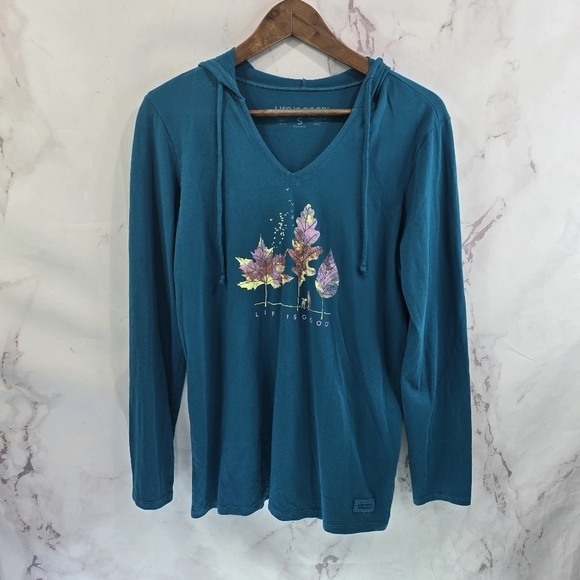 Life Is Good T Shirt Women Small Blue Fall Autumn Leaf Crusher Lite Hood Long - Picture 1 of 9